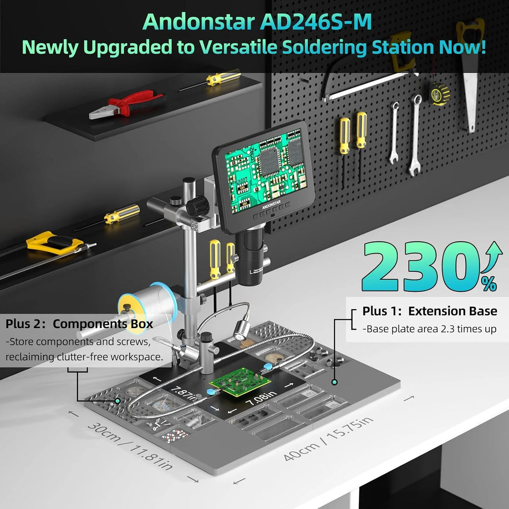 Andonstar AD246S-M Plus 7" HDMI Cyfrowy mikroskop do naprawy elektronicznej, 2000 x 3 soczewki 2160P UHD Video Record, stacja lutownicza z pomocnikami rąk, do monet