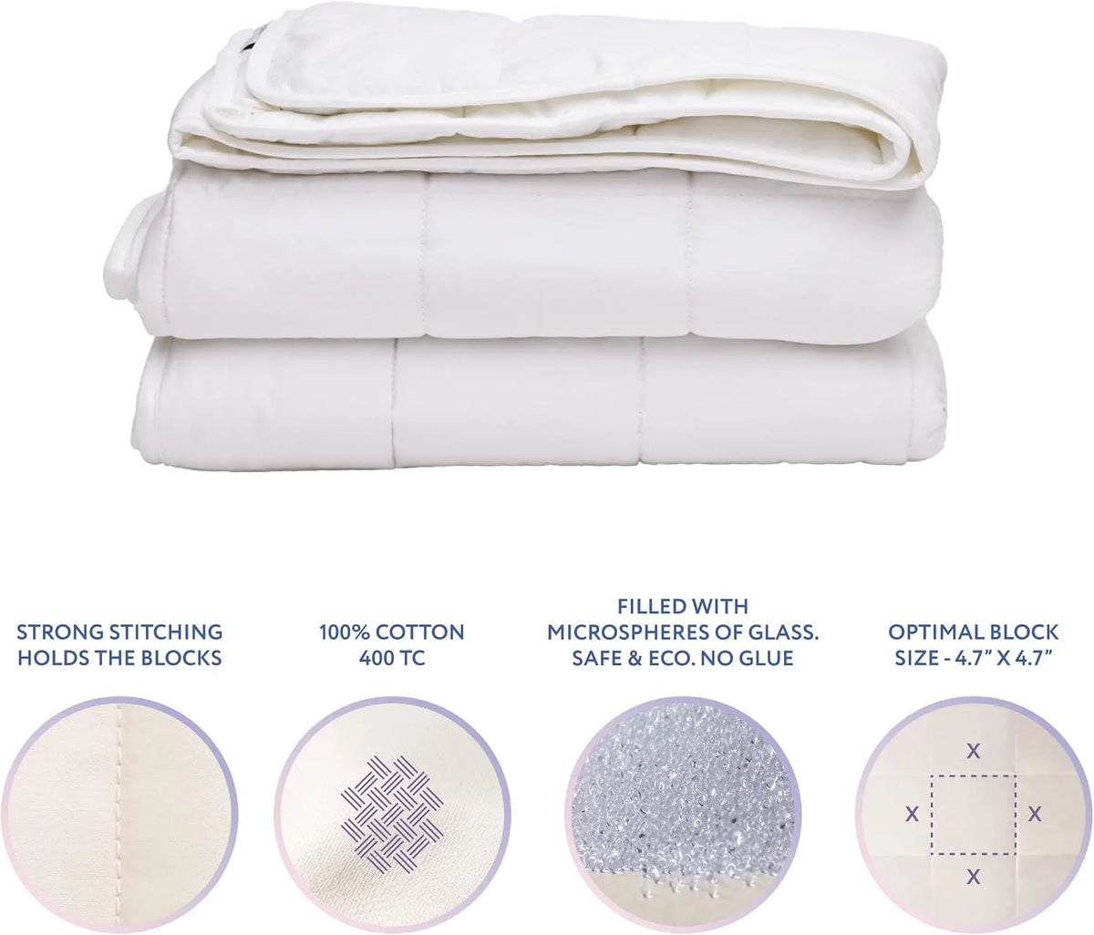 SLEEP & GLOW Chłodzący koc obciążeniowy premium 400 TC, bawełna ze szklanymi koralikami i bez kleju, całoroczny, oddychający, ciężki koc - 4,5 kg, pojedynczy rozmiar 122 x 183 cm (biały)