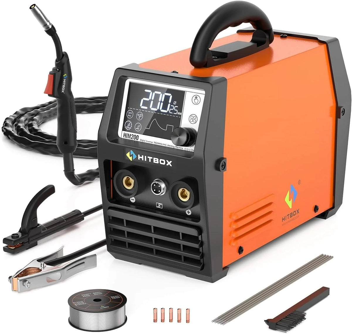 HITBOX Spawarka Bezgazowa 200A 4‑w‑1 MIG/ARC/MMA/Lift WIG, 230V