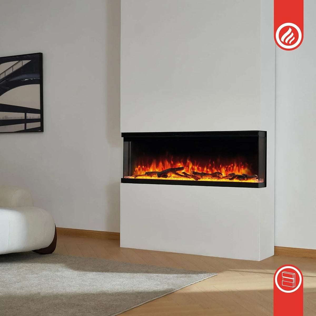 KAMINIO Kominek elektryczny LEA - Elektryczny kominek 3-w-1 z panoramicznym widokiem, ogrzewaniem, efektem 3D płomieni, 12 kolorami płomieni (36 cali)