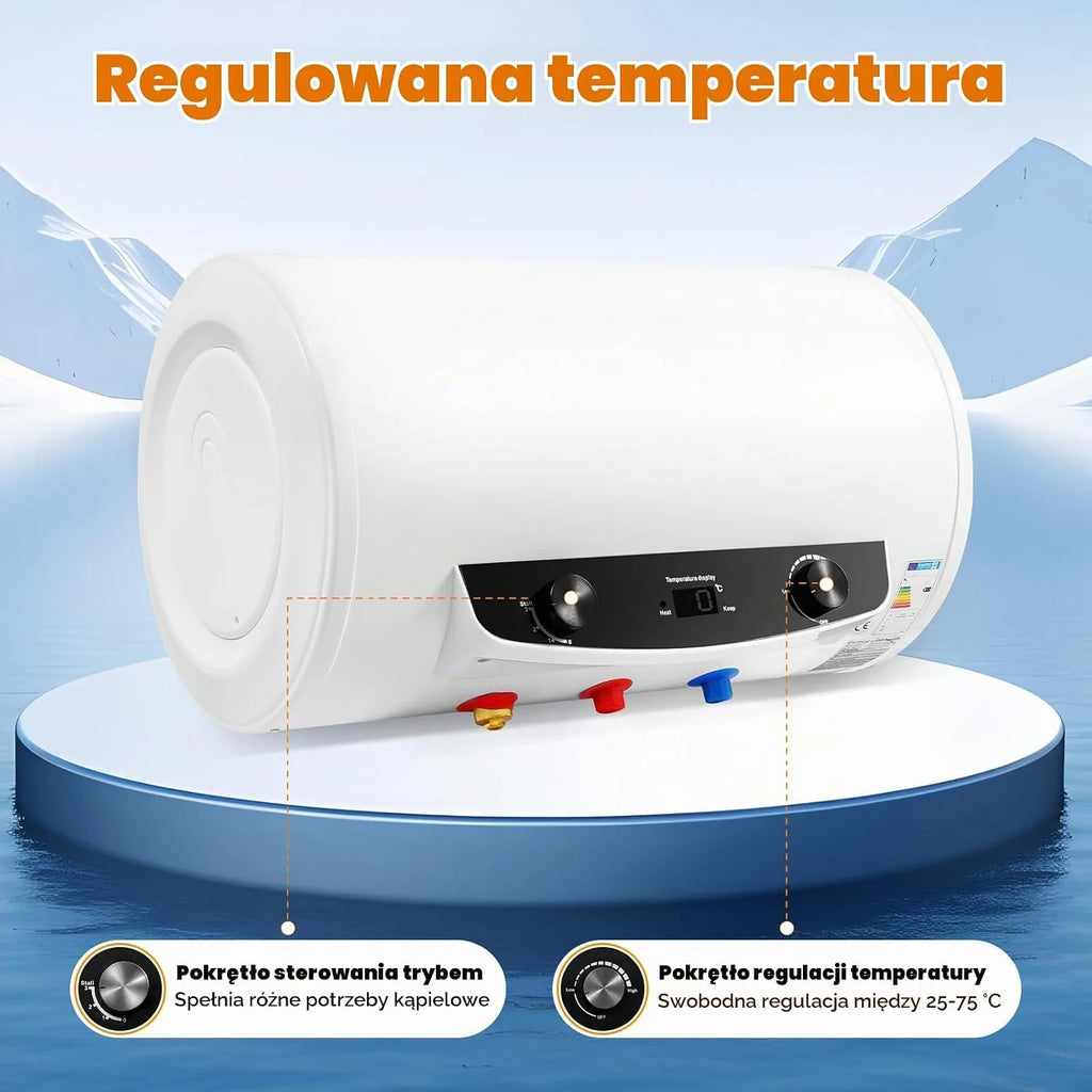 Elektryczny zbiornik ciepłej wody o pojemności 35 l, moc grzewcza 2000 W, bojler ciepłej wody, ochrona przed wyciekiem, ulepszone poziome zawieszenie ścienne 25-75°C bojler wodny [klasa