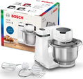 Bosch MUM2 wielofunkcyjny robot kuchenny, 700 W, maszynka do ubijania i wyrabiania ciast, mikser planetarny, hak do ciasta, duża misa ze stali nierdzewnej 3,8l z pokrywą, kolor biały, MUMS2EW00
