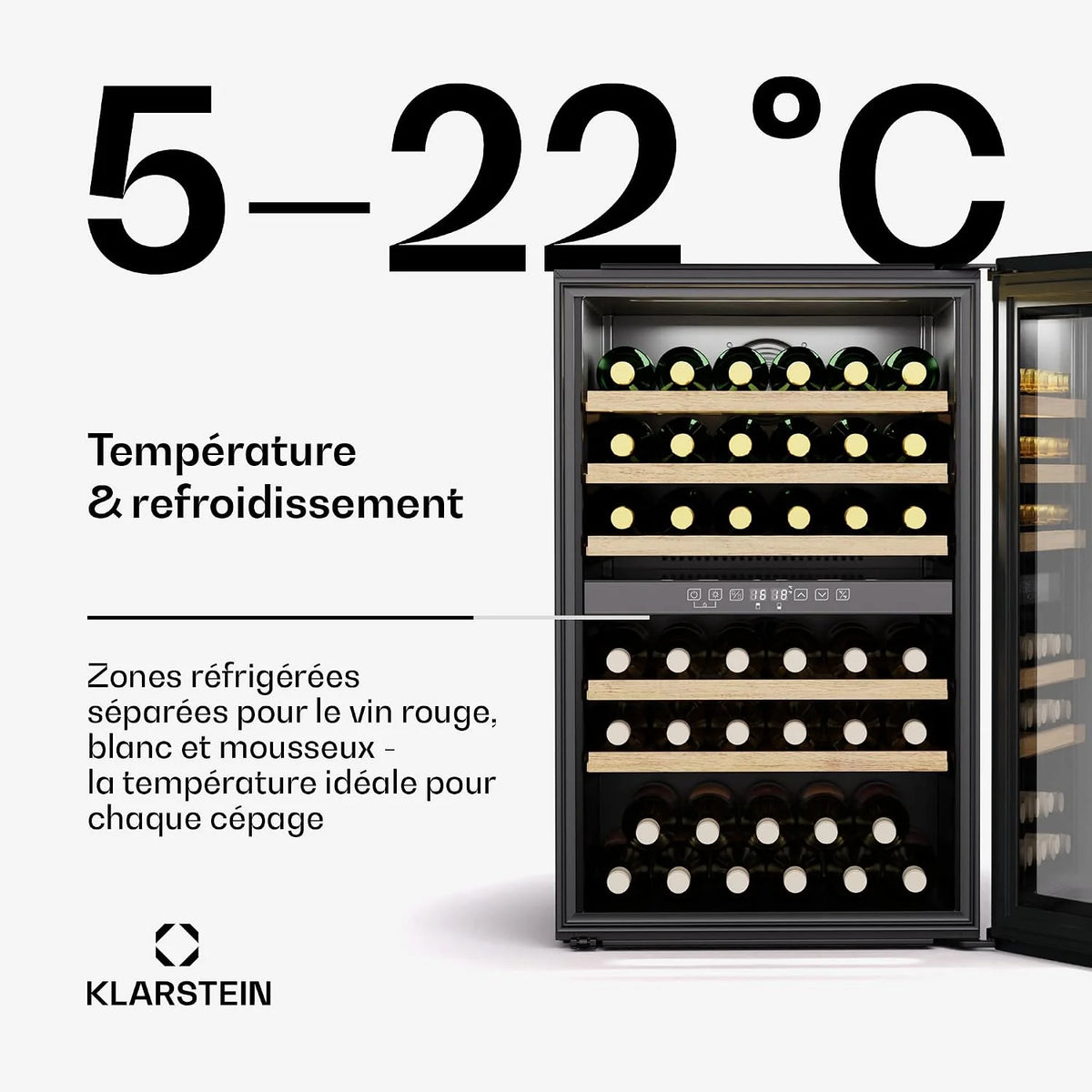 Klarstein Vinsider 57 Duo Chłodziarka do wina 2 strefy - 57 butelek, 5-22 °C, Cicha 38 dB, Do zabudowy, Szkło z ochroną UV, Drewniane półki, Stal nierdzewna, R600a
