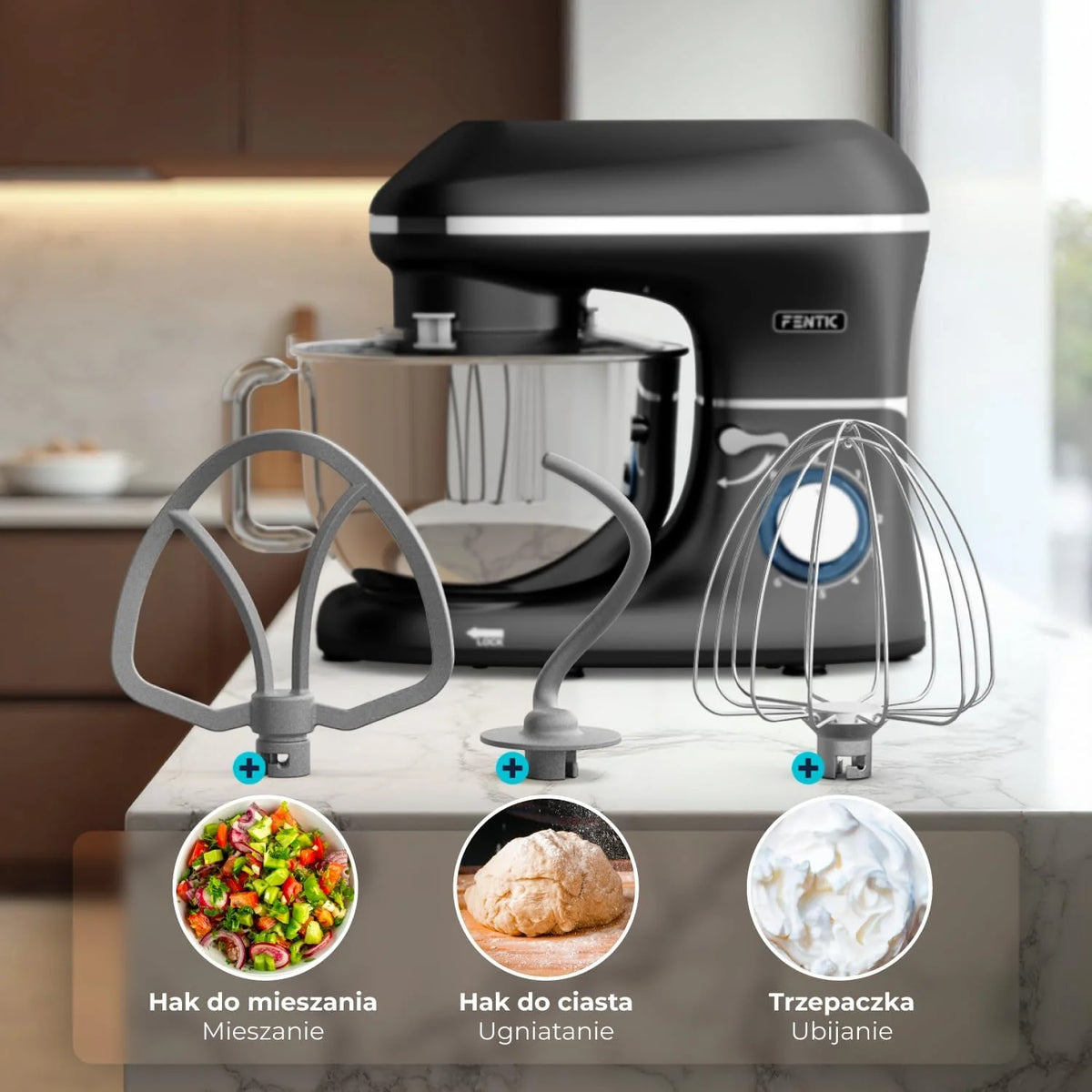 Robot kuchenny - 2000 W - miska do mieszania ze stali nierdzewnej (6,2 l) - mikser kuchenny z mieszania, hakiem do zagniatania, trzepaczką i ochroną przed pryskaniem - w zestawie