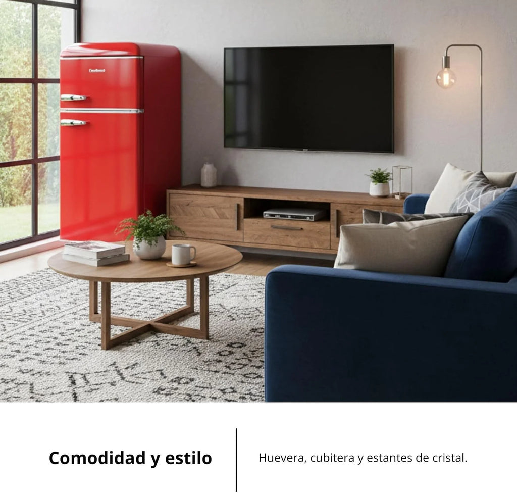 Corberó – lodówka retro statyczna, CF2PG90RR | lodówka 86L + zamrażarka 26L | oświetlenie wewnętrzne | szuflada do zaciskarki | ręczne rozmrażanie | szklane półki, nóżki poziomujące, czerwone