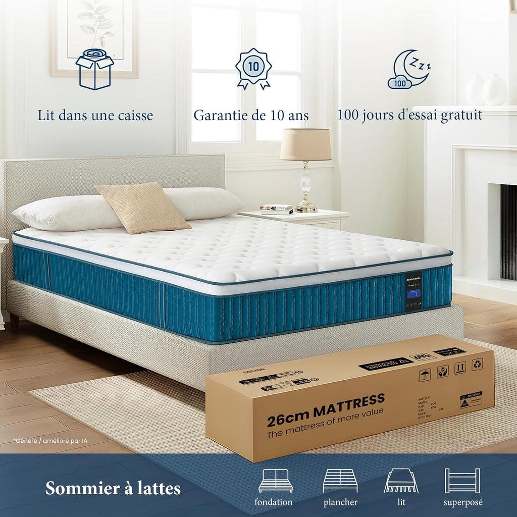 Coolvie Materac 160 x 200 cm w pudełku, 7-strefowy stopień twardości H2 i H3, ortopedyczny materac ze sprężynami kieszeniowymi 26 cm z odciążającą plecy pianką memory, certyfikat Oeko-Tex, dla dzieci
