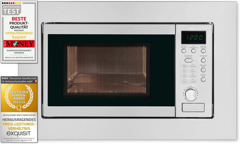 Exquisit EMW 20,1 G kuchenka mikrofalowa do zabudowy | pojemność 20 l | 800 W | Inoxlook | moc grilla 1000 W | 5 poziomów mocy | timer | talerz obrotowy: Ø 24,5 cm | 8 programów gotowania samochodu |