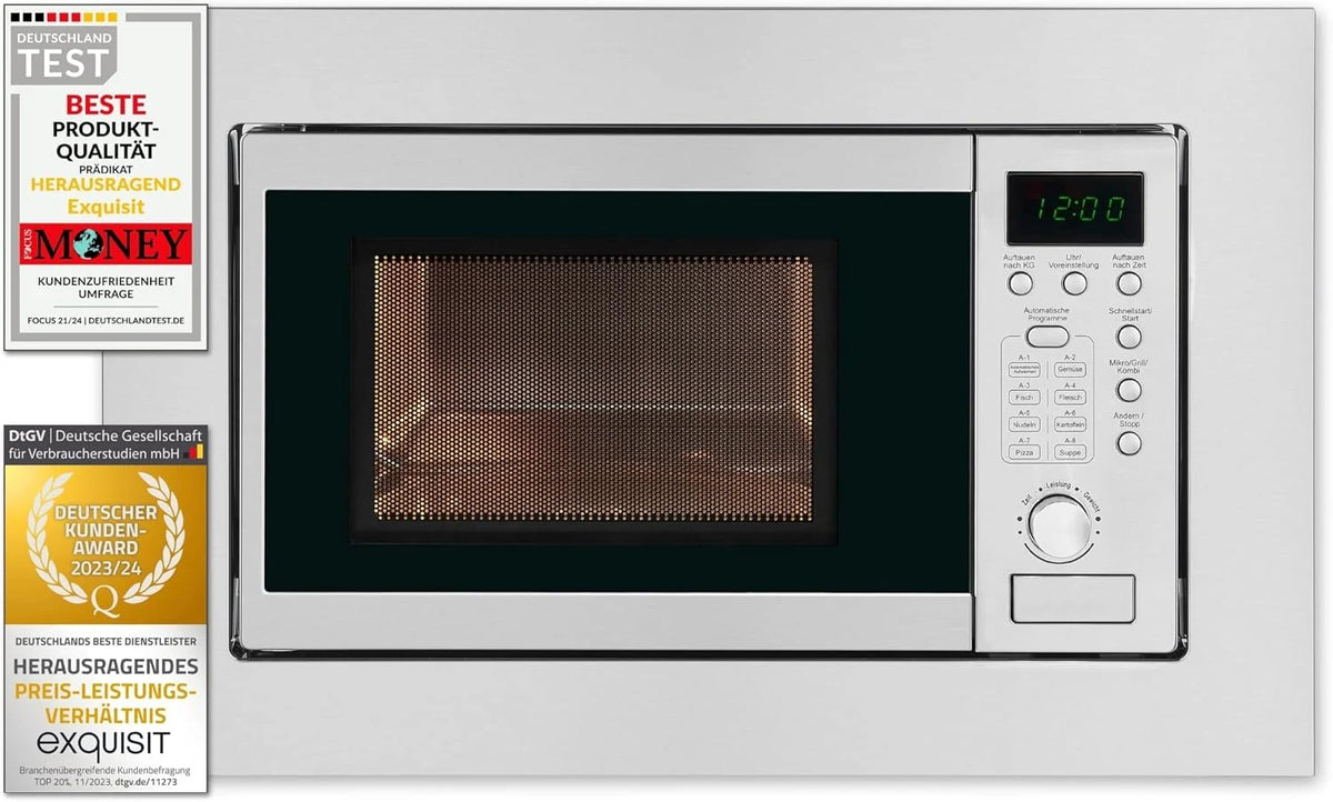 Exquisit EMW 20,1 G kuchenka mikrofalowa do zabudowy | pojemność 20 l | 800 W | Inoxlook | moc grilla 1000 W | 5 poziomów mocy | timer | talerz obrotowy: Ø 24,5 cm | 8 programów gotowania samochodu |