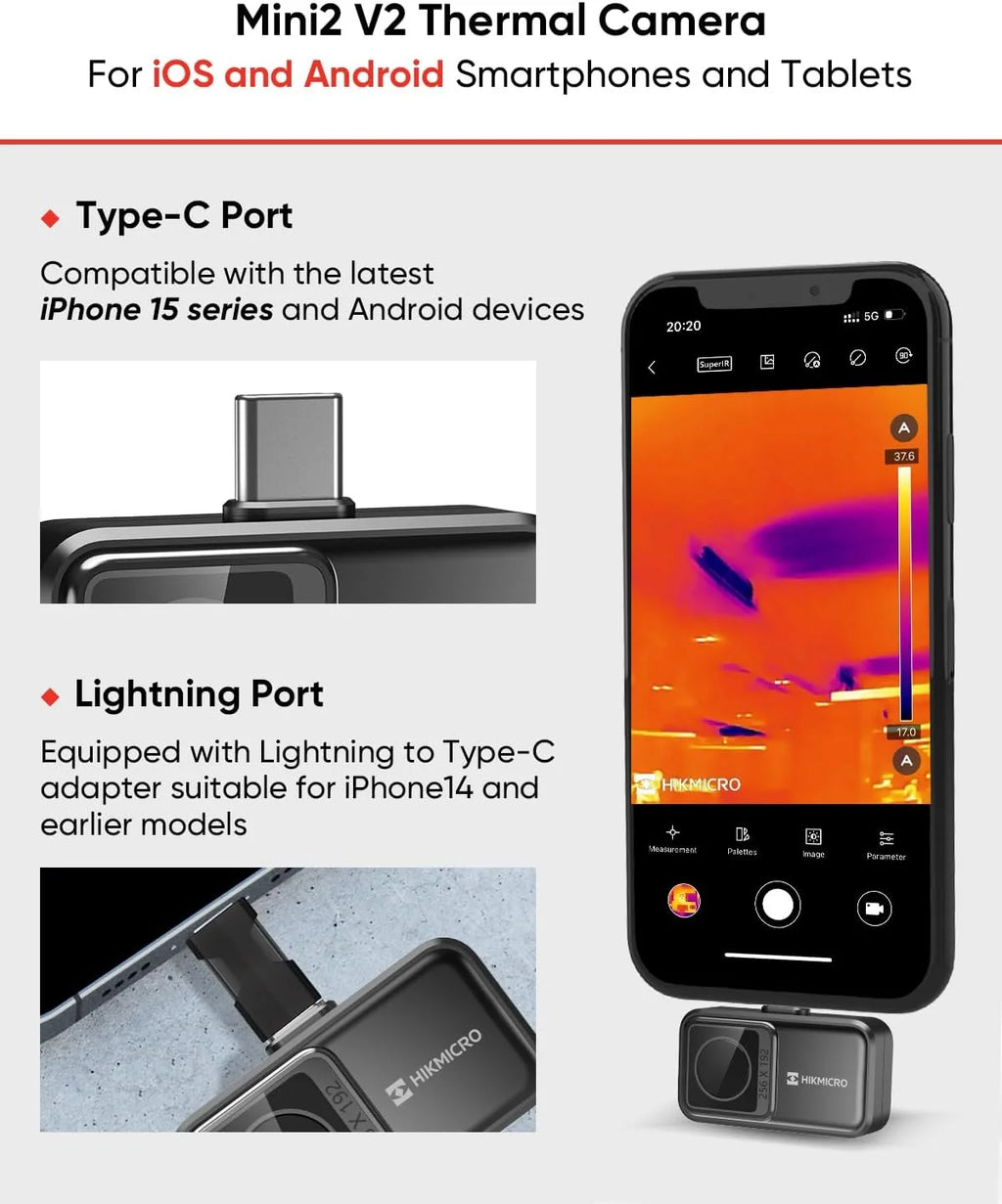 Kamera termowizyjna HIKMICRO Mini2 V2 - iOS/Android, rozdzielczość 256 x 192 IR, SuperIR, szeroki kąt 50°, USB-C/Lightning (obsługuje iPhone 15)