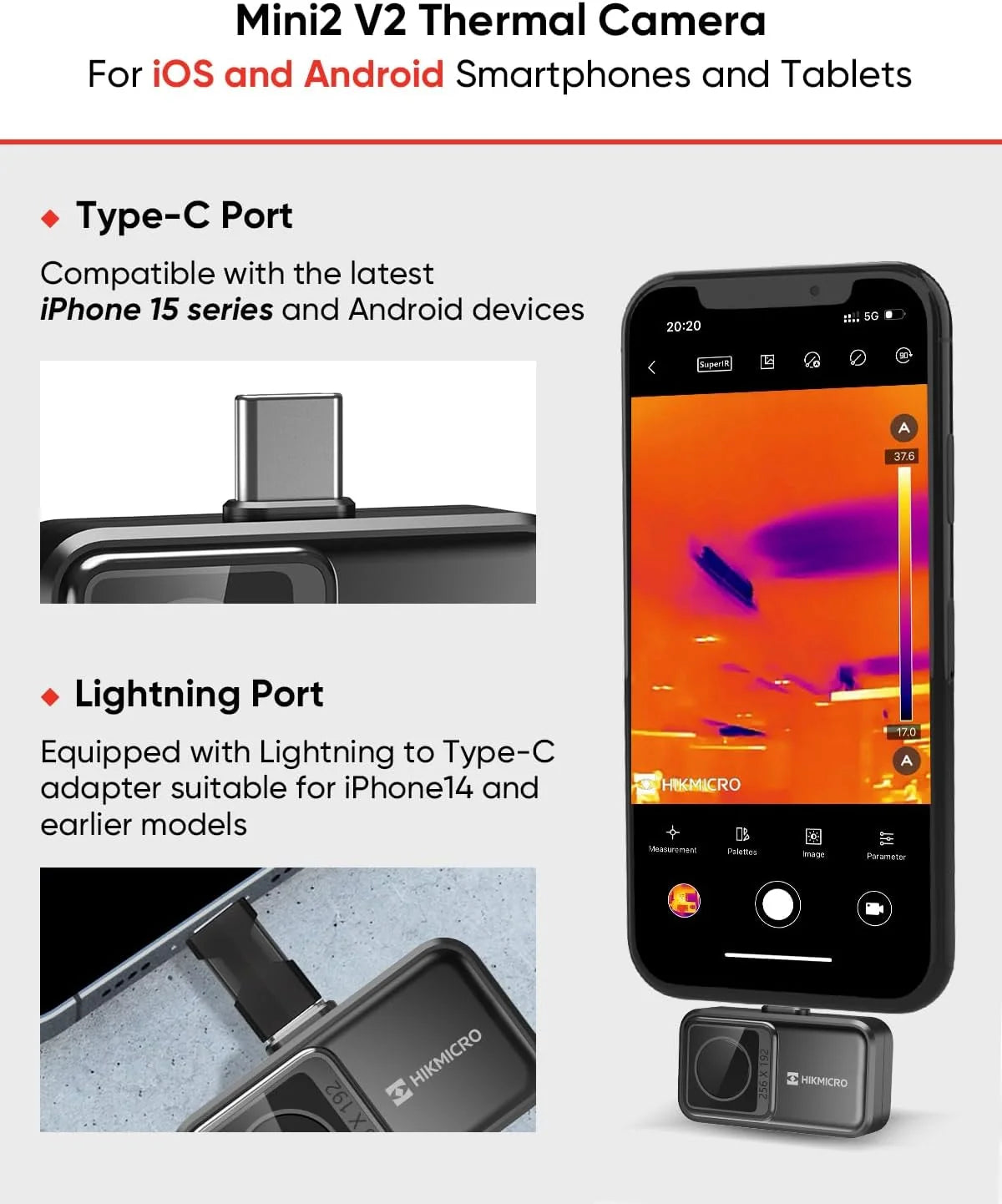 Kamera termowizyjna HIKMICRO Mini2 V2 - iOS/Android, rozdzielczość 256 x 192 IR, SuperIR, szeroki kąt 50°, USB-C/Lightning (obsługuje iPhone 15)