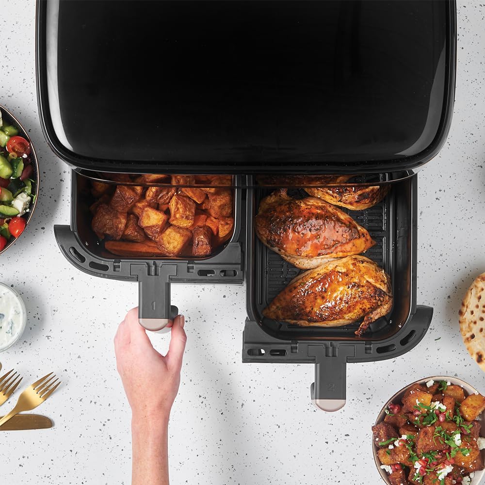 Russell Hobbs Frytkownica beztłuszczowa 9L Air Fryer [dwie komory/strefy, 9 programów] Satisfry (szuflady można myć w zmywarce, maks. 200℃, niski poziom hałasu, pieczenie bez oleju, 2800W) 27681-56