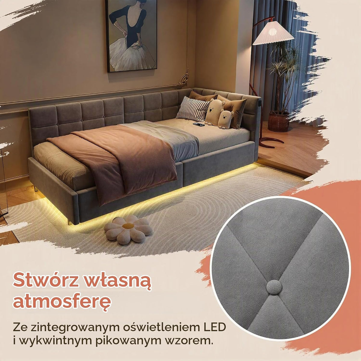 Łóżko z szufladą 90x200 z oświetleniem LED i USB, Łóżko dziecięce 90x200 z hydraulicznym schowkiem, Łóżko tapicerowane w kształcie L, Łóżko jednoosobowe z stelażem, Welur, Szary (bez materaca)