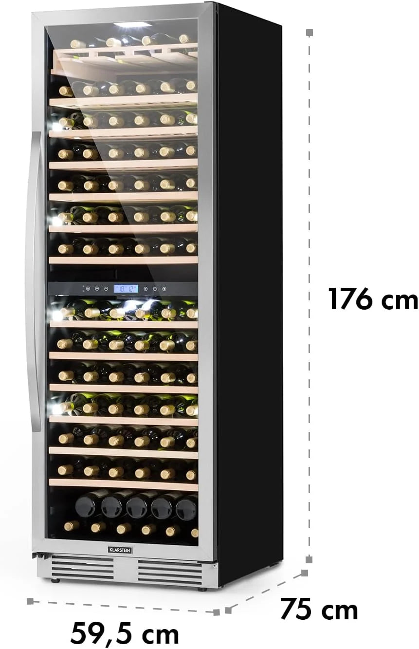 Klarstein Vinovilla Chłodziarka do wina do zabudowy, 433 l, dwustrefowa, na wino, prosecco i piwo, szklane drzwi, ochrona UV, panel dotykowy, 47 dB, 165 butelek