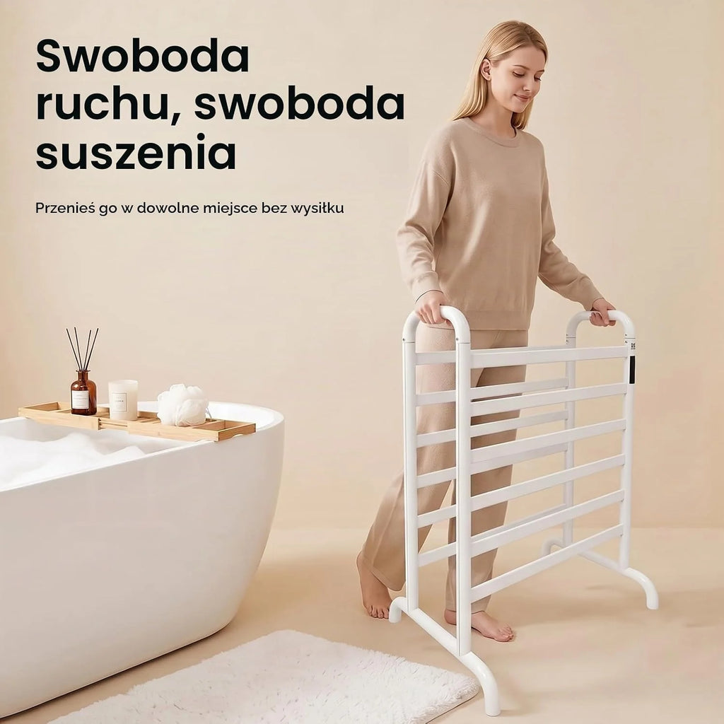 Elektryczny grzejnik na ręczniki, wieszak na ręczniki, bez wiercenia, timer 1-24 h, 45-60 °C, 180 W, biały, dwupoziomowy, wolnostojący ogrzewacz na ręczniki do łazienki do 30 kg, 60 x 43 x 90,5