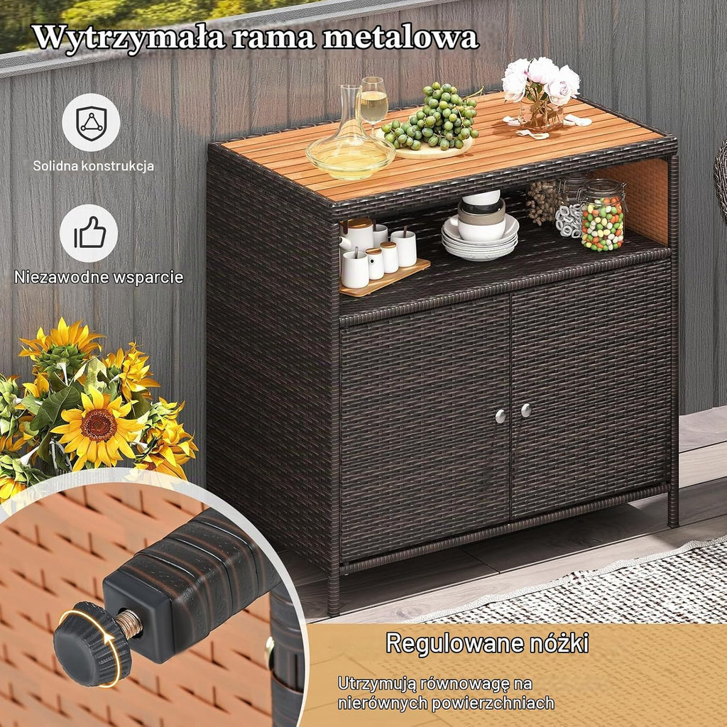 COSTWAY Szafka ogrodowa, rattanowa, szafka tarasowa z blatem roboczym z drewna akacjowego, otwartą półką i podwójnymi drzwiami, szafka do przechowywania na zewnątrz, do ogrodu, na taras, 90 x 53 x 86