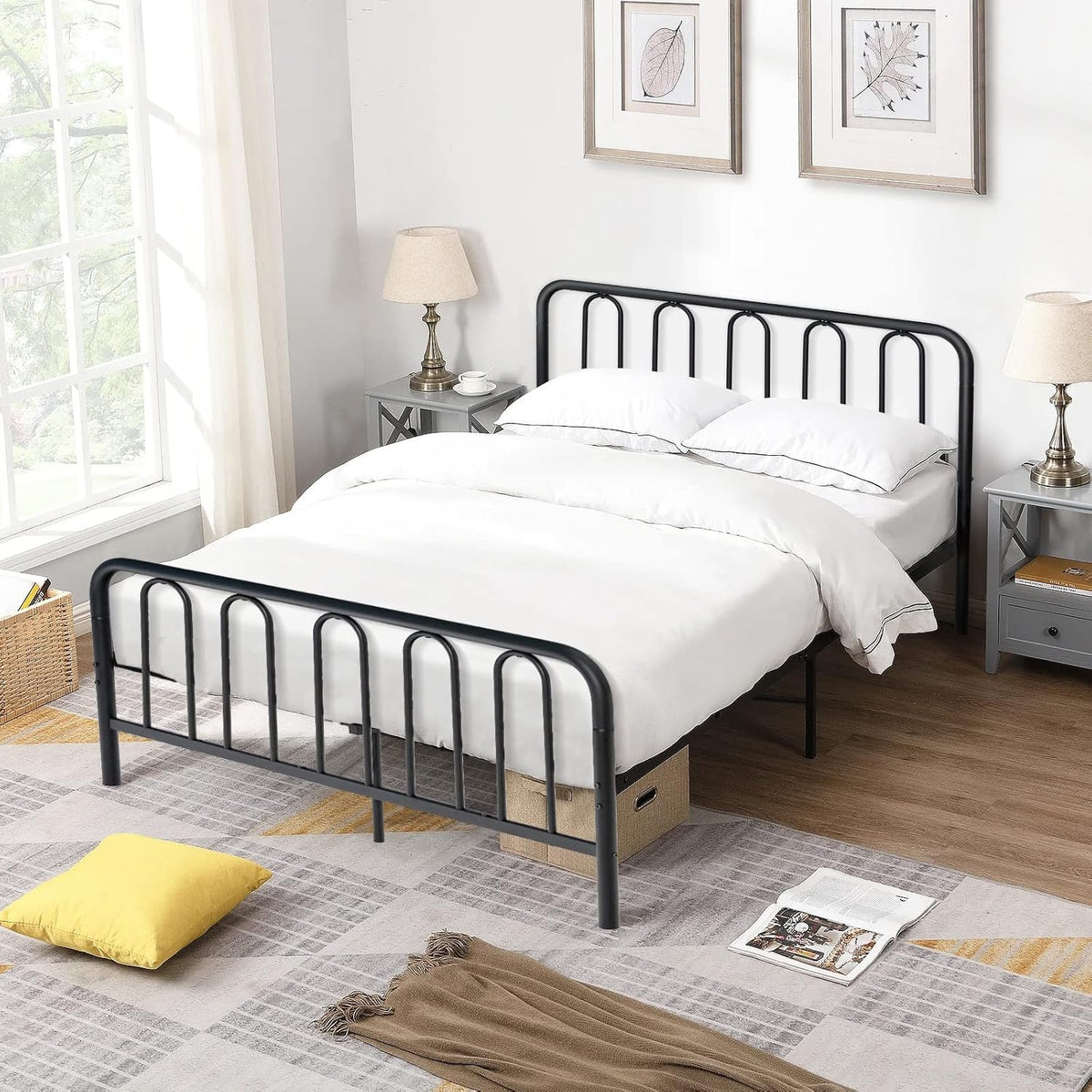 COSTWAY Metalowa rama łóżka, na materac 200 x 160 cm, rama łóżka podwójnego, ze stelażem, z miejscem do przechowywania pod łóżkiem, metalowe łóżko dla gości