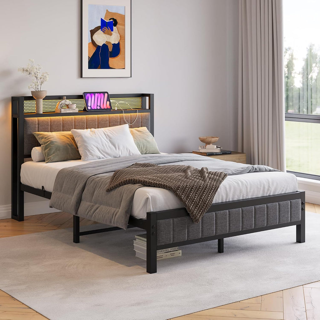 Rama łóżka z diodami LED, stacja ładująca, łóżko podwójne/pojedyncze łóżko dla gości, metalowe łóżko tapicerowane, 120 x 200 cm, rama łóżka z metalu, łóżko młodzieżowe ze stelażem, zagłówkiem