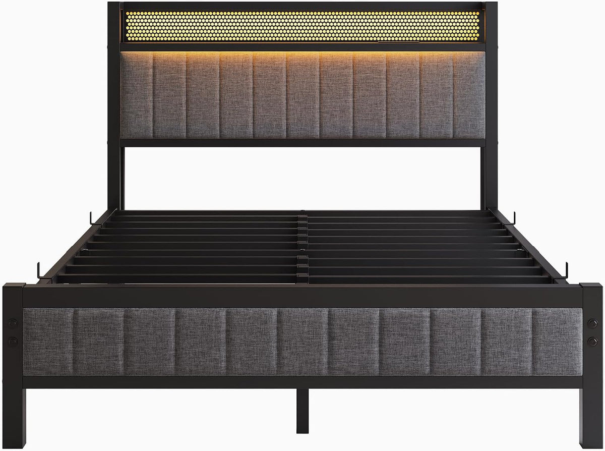 Rama łóżka z diodami LED, stacja ładująca, łóżko podwójne/pojedyncze łóżko dla gości, metalowe łóżko tapicerowane, 120 x 200 cm, rama łóżka z metalu, łóżko młodzieżowe ze stelażem, zagłówkiem