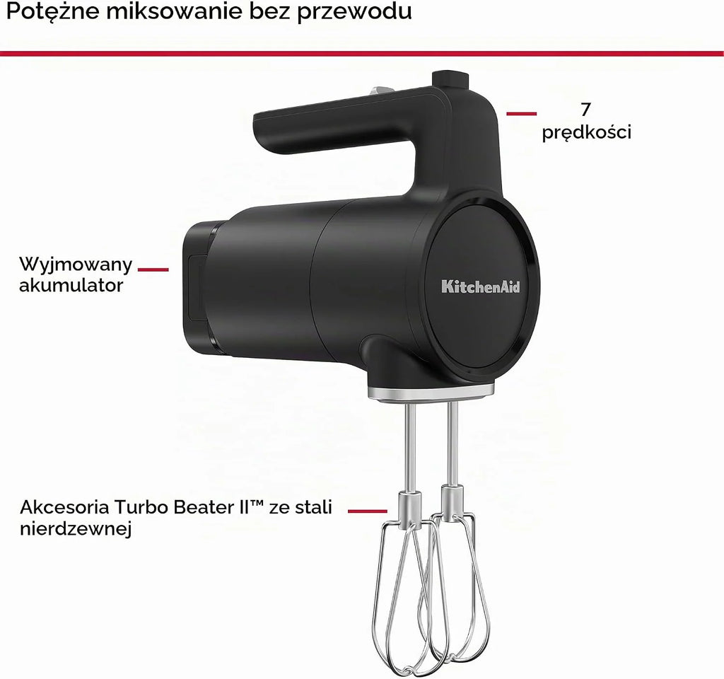 Kitchenaid Bezprzewodowy mikser ręczny Go Cordless - elektryczny mikser z 7 stopniami prędkości, 2 trzepaczki turbo, akumulator w zestawie, czarny