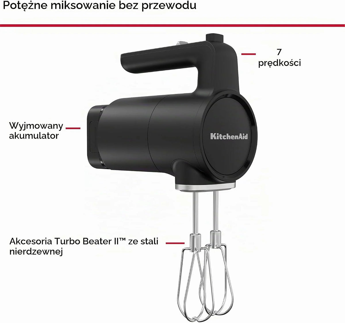 Kitchenaid Bezprzewodowy mikser ręczny Go Cordless - elektryczny mikser z 7 stopniami prędkości, 2 trzepaczki turbo, akumulator w zestawie, czarny