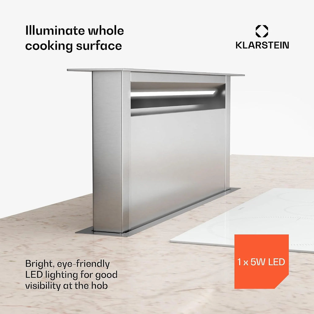 Klarstein Royal Flush Eco 75 Downdraft Okap kuchenny - Klasa energetyczna A++, Przepływ 604 m³/h, Panel dotykowy, Światło LED, Stal nierdzewna, Do wysp i kuchni, Cichy 52 dB