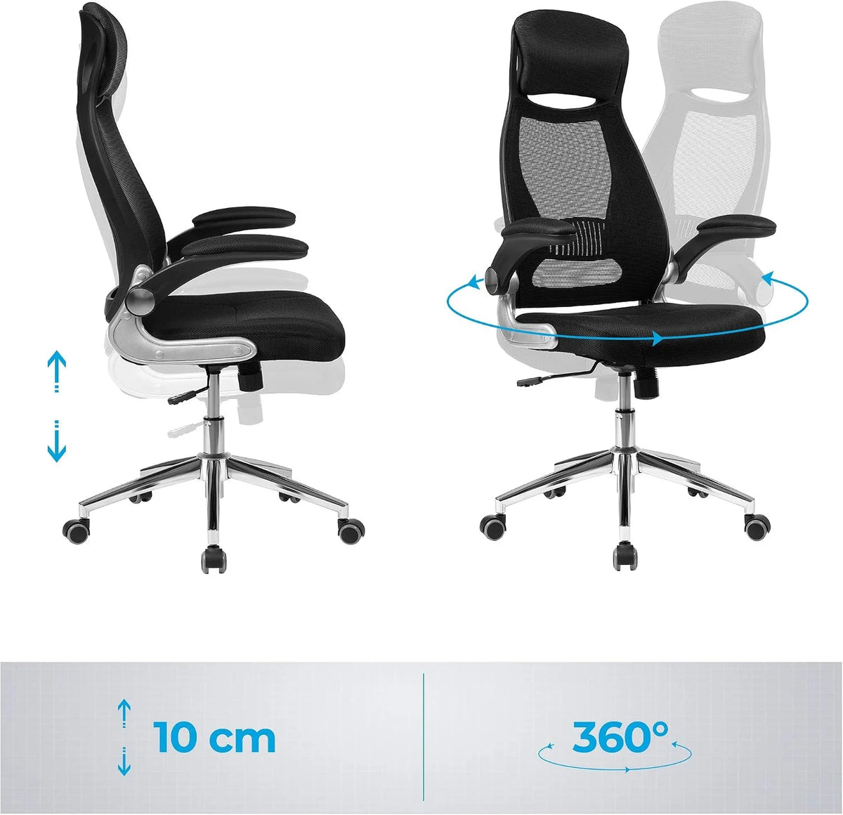 SONGMICS fotel biurowy, ergonomiczny z siatki, odchylane podłokietniki