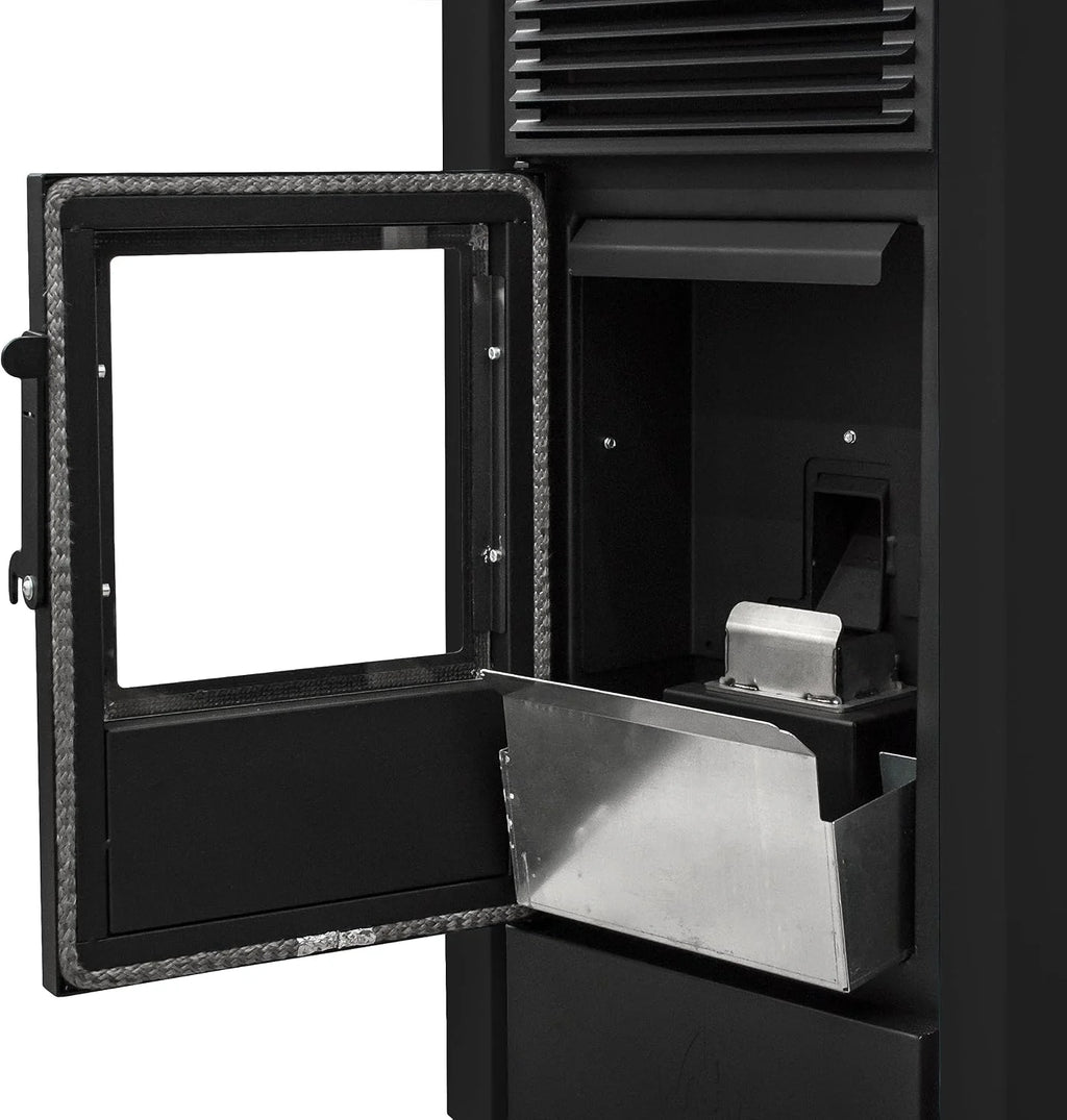 STUFE A PELLET ITALIA California 10 kW, wydajność, 90% ciepła 80 m², czas pracy 20 h, programowalny 5 prędkości i mocy, kompaktowa konstrukcja, 24 miesiące czarny