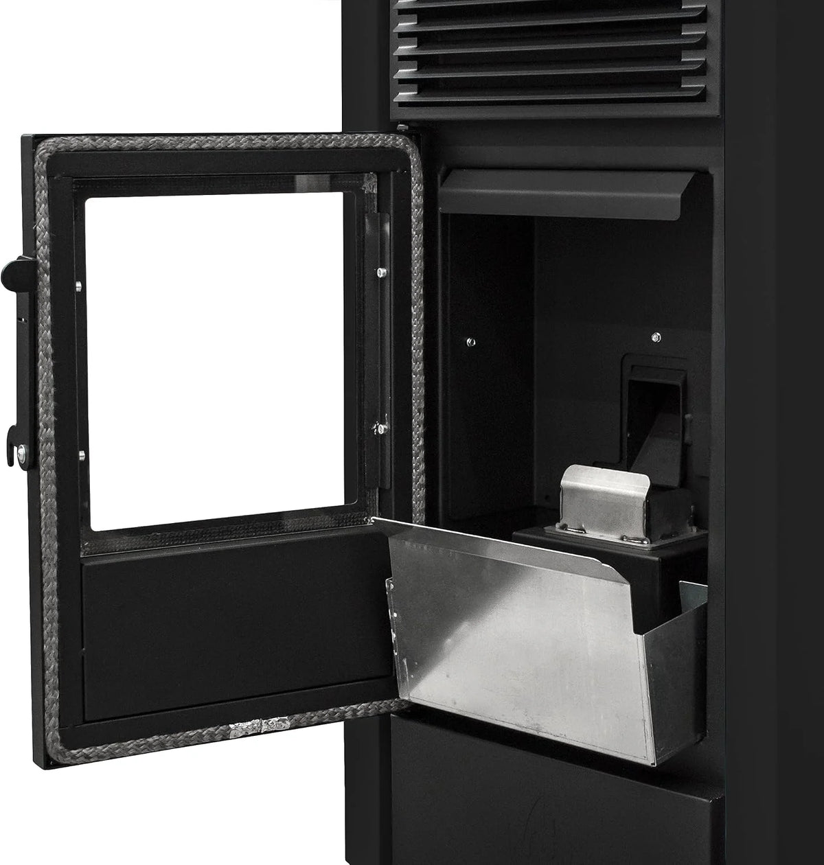 STUFE A PELLET ITALIA California 10 kW, wydajność, 90% ciepła 80 m², czas pracy 20 h, programowalny 5 prędkości i mocy, kompaktowa konstrukcja, 24 miesiące czarny