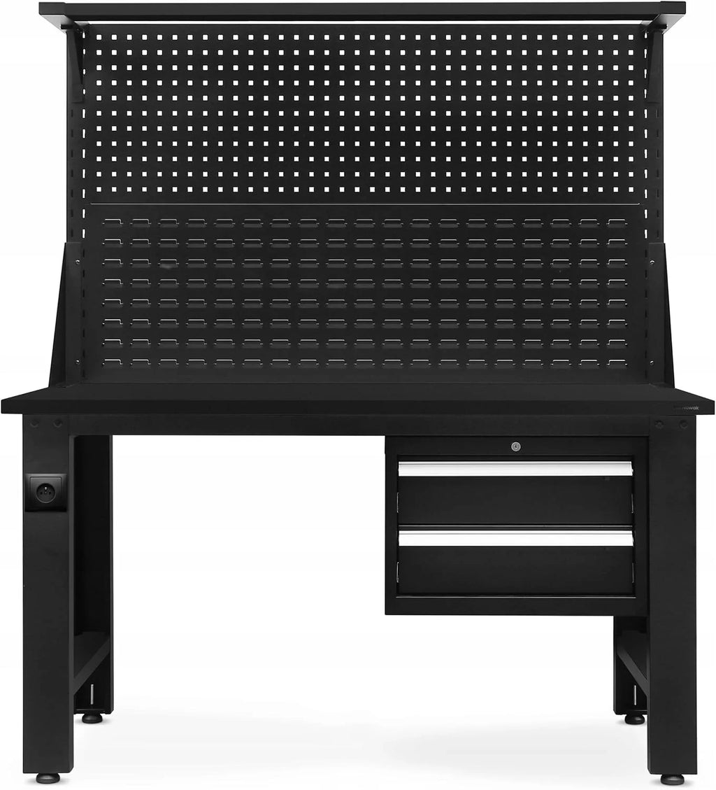 Jan Nowak Stół Warsztatowy Narzędziowy Metalowy z Tablicą Perforowaną na Narzędzia LOGAN | Solidny Blat 2 Szuflady Regulowane Nogi Stelaż na Lampę | 170 cm x 150 cm x 75 cm (Czarno-Czarny)
