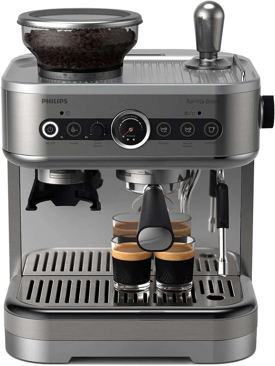 Półautomatyczny ekspres do kawy Philips Barista Brew - pojedyncze i podwójne espresso + przycisk Americano, pojemnik na kawę 250 g, skalibrowany tamper, metaliczny srebrny (PSA3218/01)