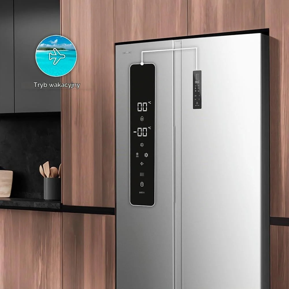 Cecotec Amerykańska lodówka Side By Side - 562 l - Bolero CoolMarket SBS 562 Inox E. 177 x 91,2 cm, kompresor Inverter Plus, niskie zużycie, No Frost, Multiairflow, szybkie chłodzenie, stal nierdzewna