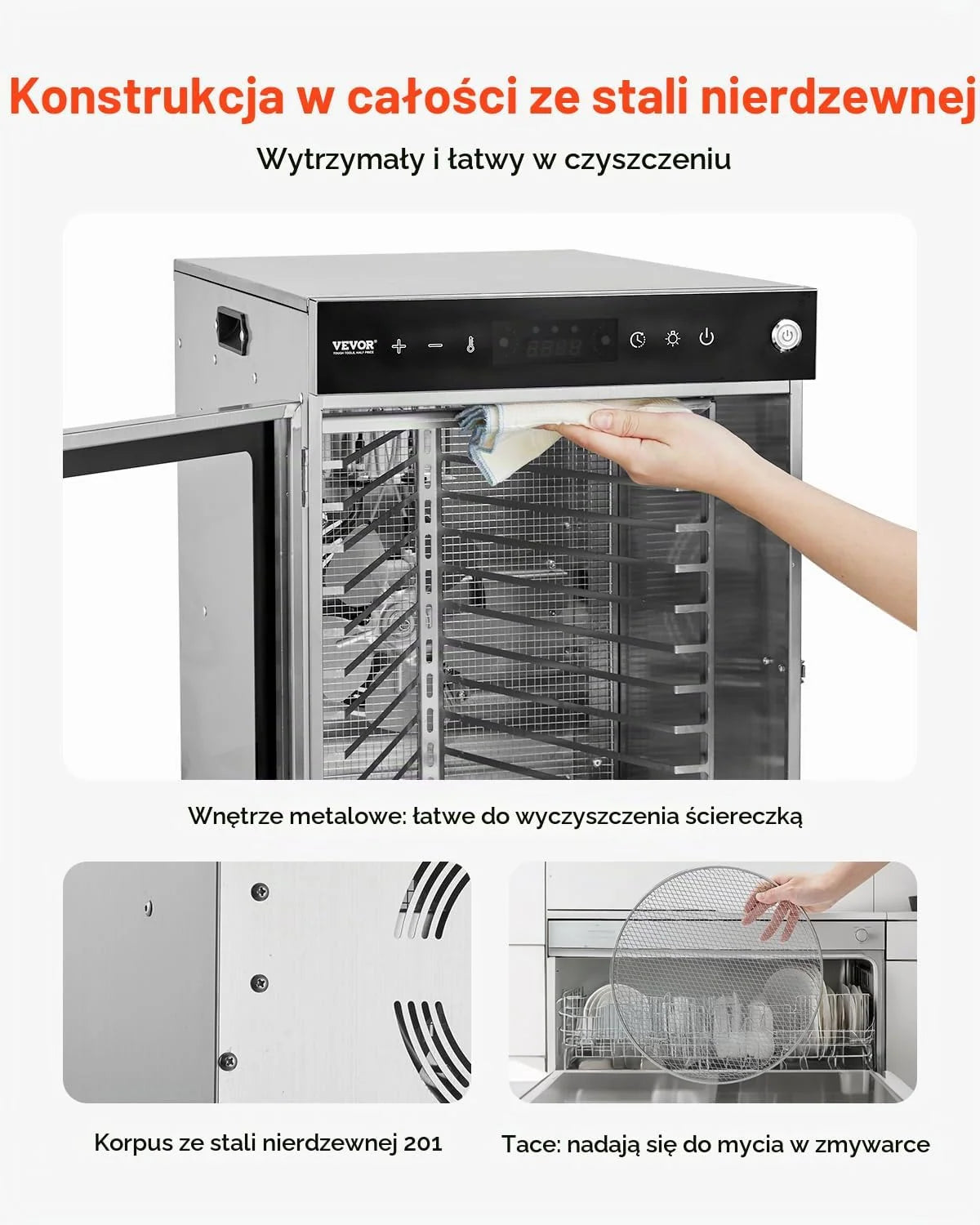 VEVOR Suszarka z obrotową tacą na żywność 12 tacek ze stali nierdzewnej, elektryczna suszarka do żywności 800 W regulowana temperatura, suszarka zamrażająca do mięsa owoców warzyw