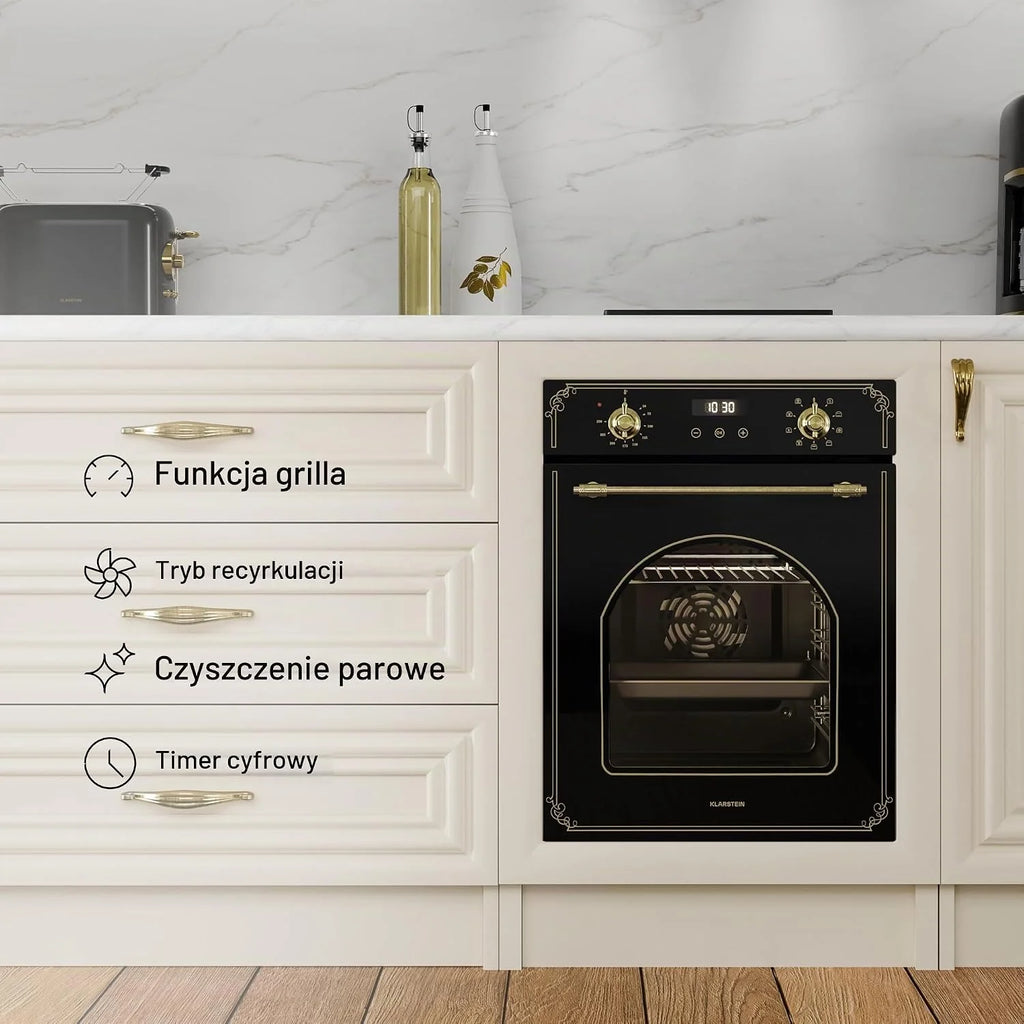 Klarstein Elizabeth Slim Piekarnik Elektryczny Wbudowany – 45 cm, 49 L, 9 Funkcji, Czyszczenie Parą, Cyfrowy Timer, Grill Wentylowany, Czarne Szkło, Klasa Energetyczna A