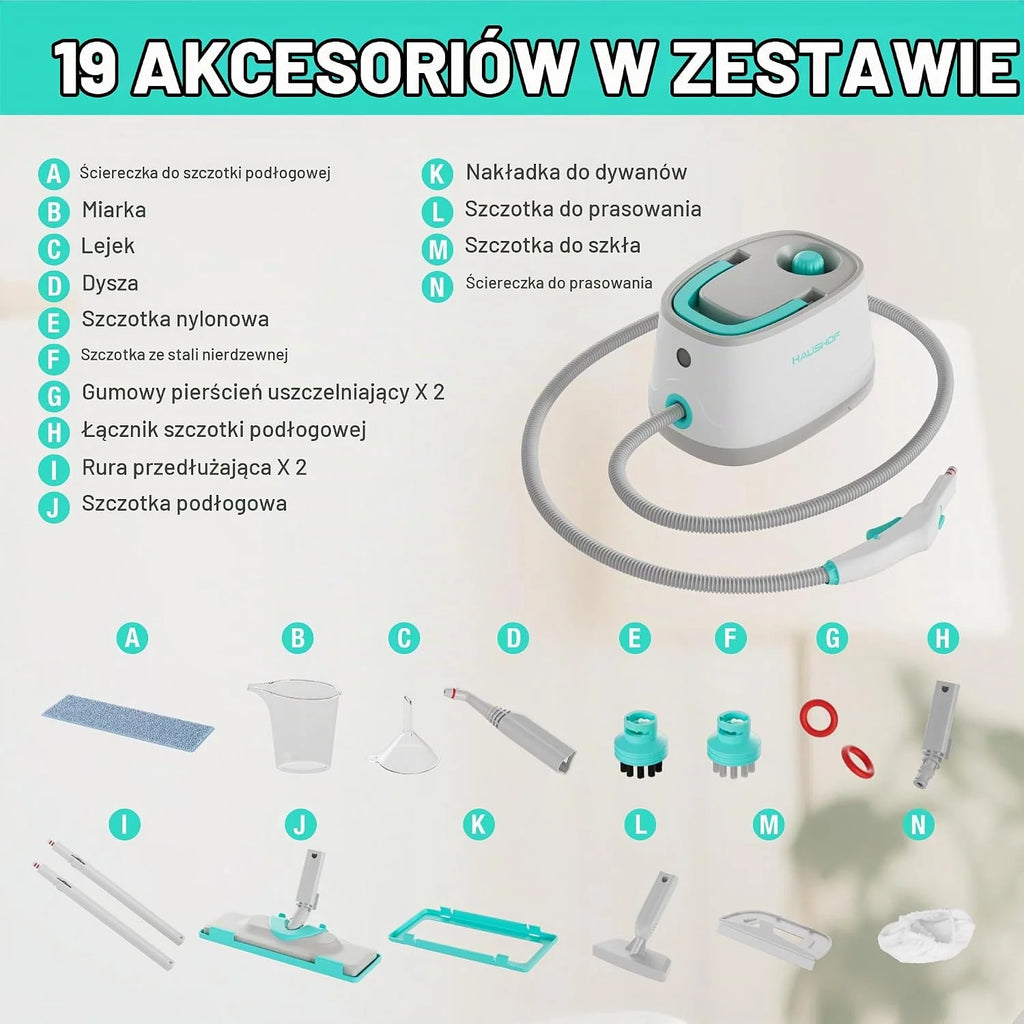 HAUSHOF Myjka parowa 2000 W, ze zbiornikiem 1,5 l, maks. ciśnienie pary 4 ,0 bar, czas nagrzewania 8 min, czas parowania do 30 min, w zestawie 16 akcesoriów i kabel zasilający 3 m, do podłóg, dywanów
