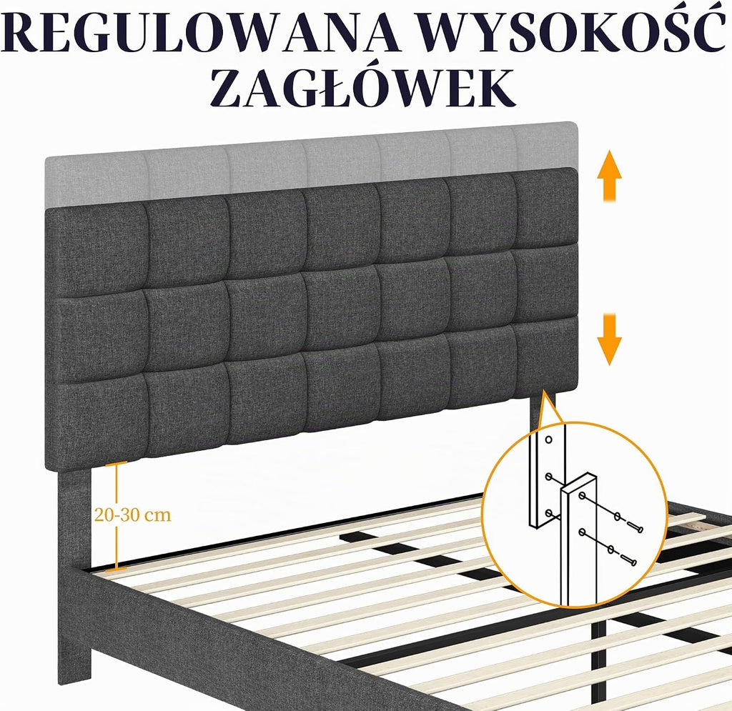 Yaheetech Łóżko Małżeńskie Tapicerowane z Prostokątnym Zagłówkiem