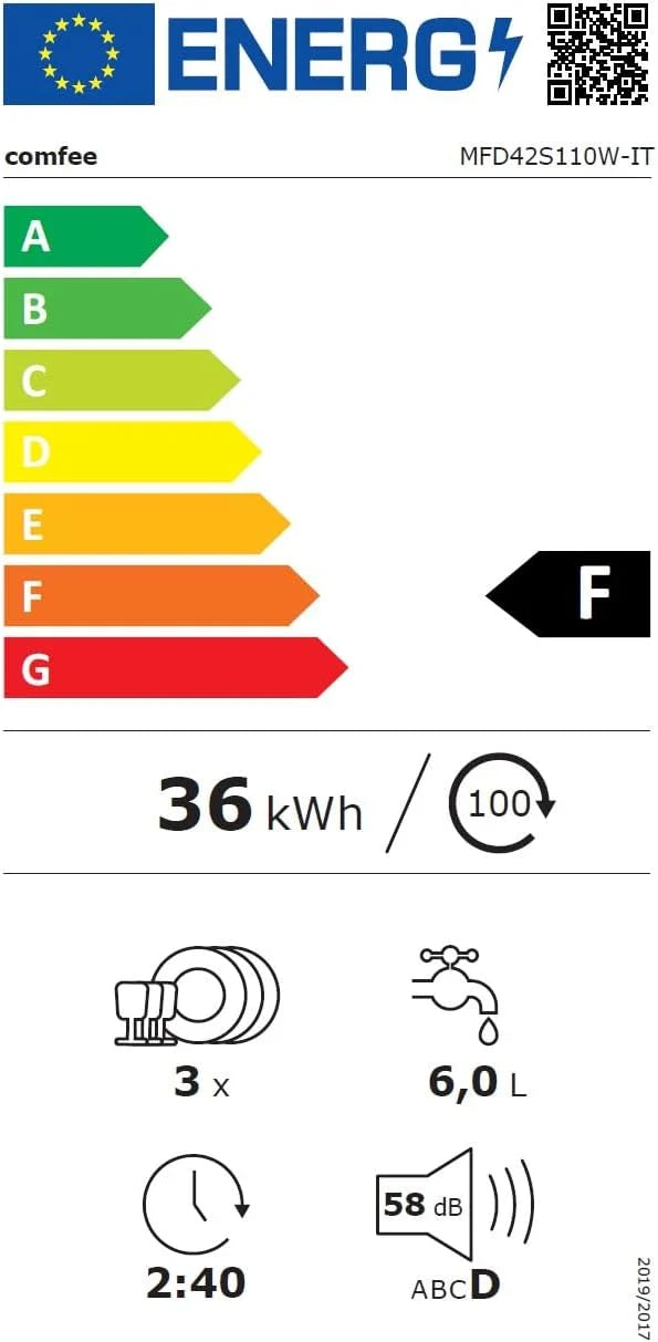COMFEE' Mfd42S110W-It zmywarka wolnostojąca z 3 kocami, 7 programami, dotykiem sterowania, wyświetlaczem LED, opóźnionym startem i funkcją prania poza sezonem, biały