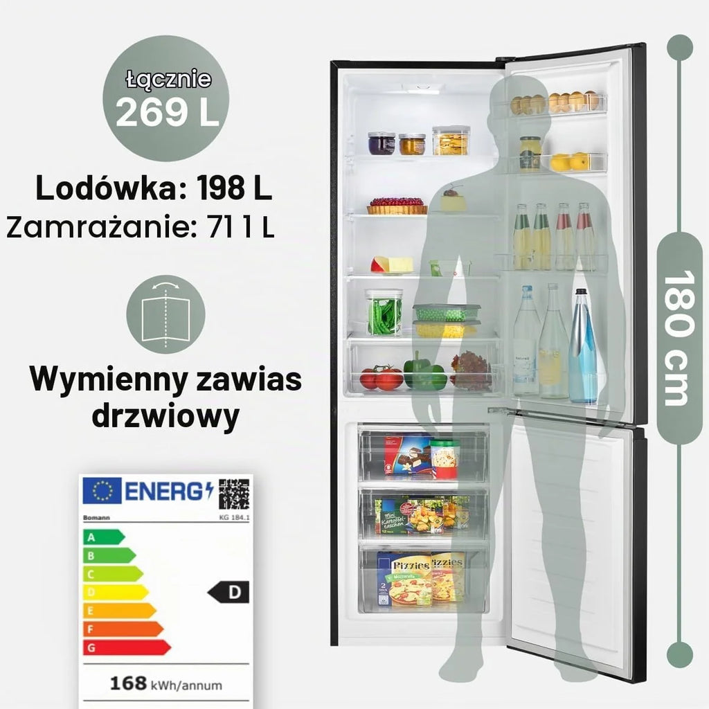 Bomann® Lodówko-zamrażarka, pojemność użytkowa 269 l – chłodzenie: 198 l | zamrażanie: 71 l, energooszczędna, cicha praca 39 dB, LED, wymienne zawiasy drzwiowe, wysokość: 180 x szerokość: 55 x