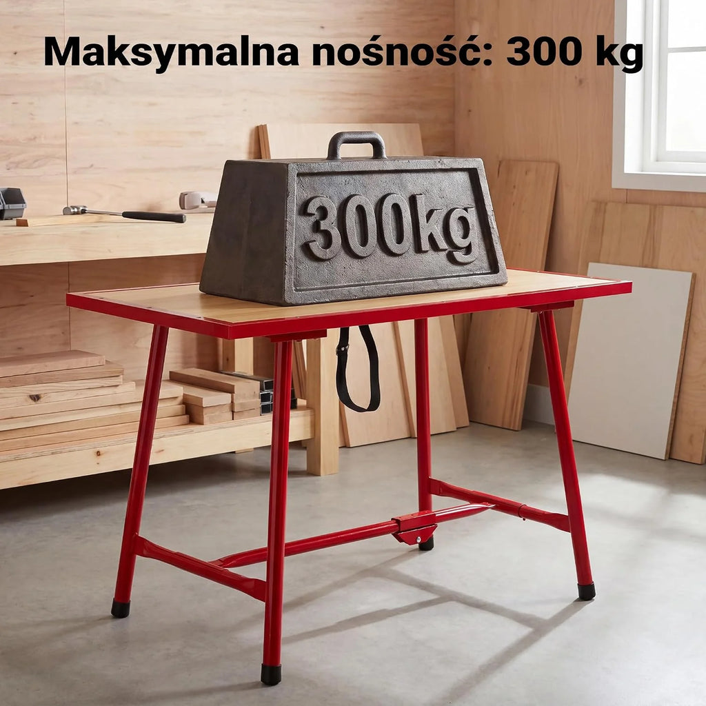 Wiltec Stół warsztatowy składany 120 x 62,5 x 83 cm, stelaż czerwony, przenośne stanowisko do pracy do 300 kg nośności