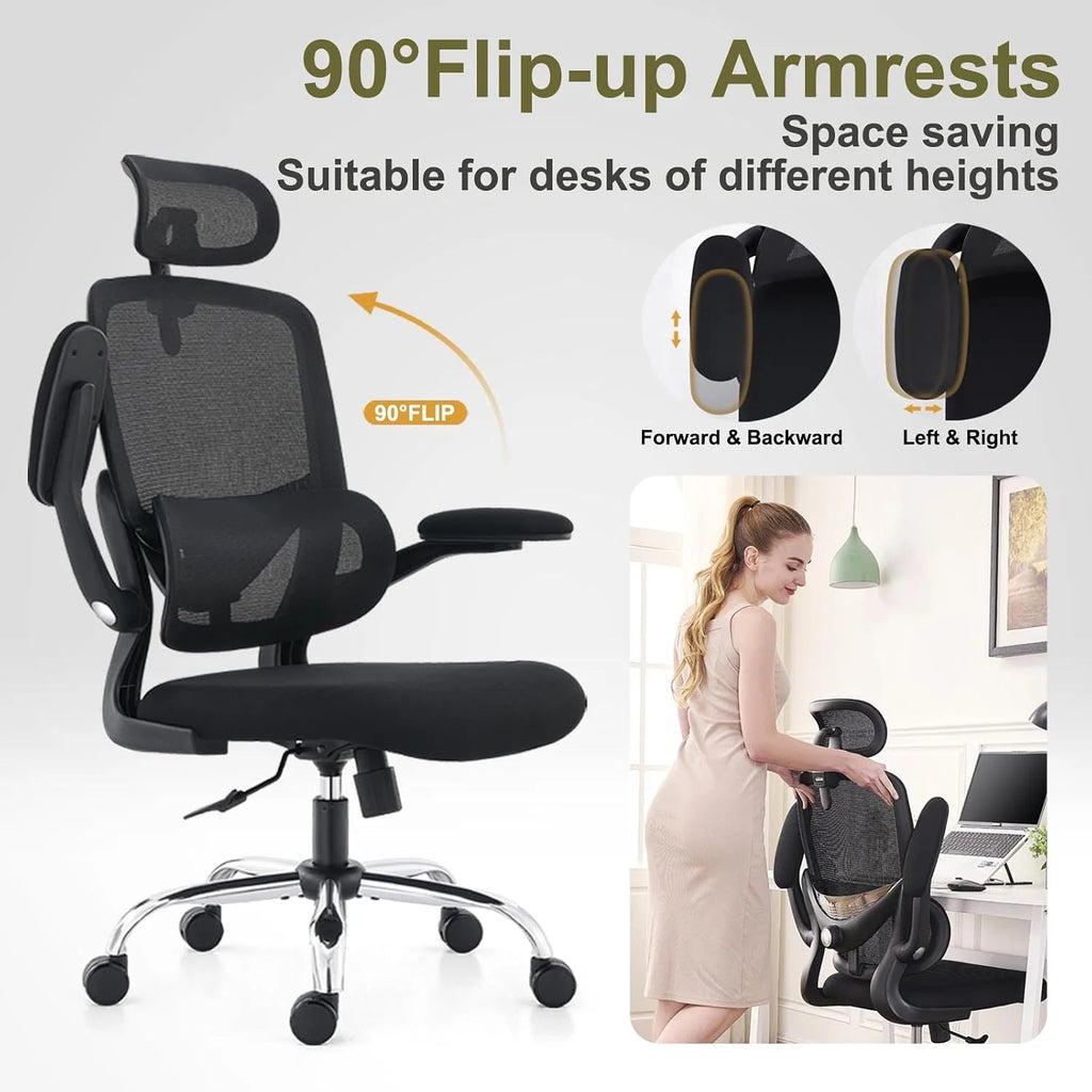 Ergonomiczny fotel do domowego biura z siatkowym wysokim oparciem, regulowanym wsparciem lędźwiowym, podłokietnikami, zagłówkiem,oszczędność miejsca krzesło gamingowe, 150 kg (Czarny)