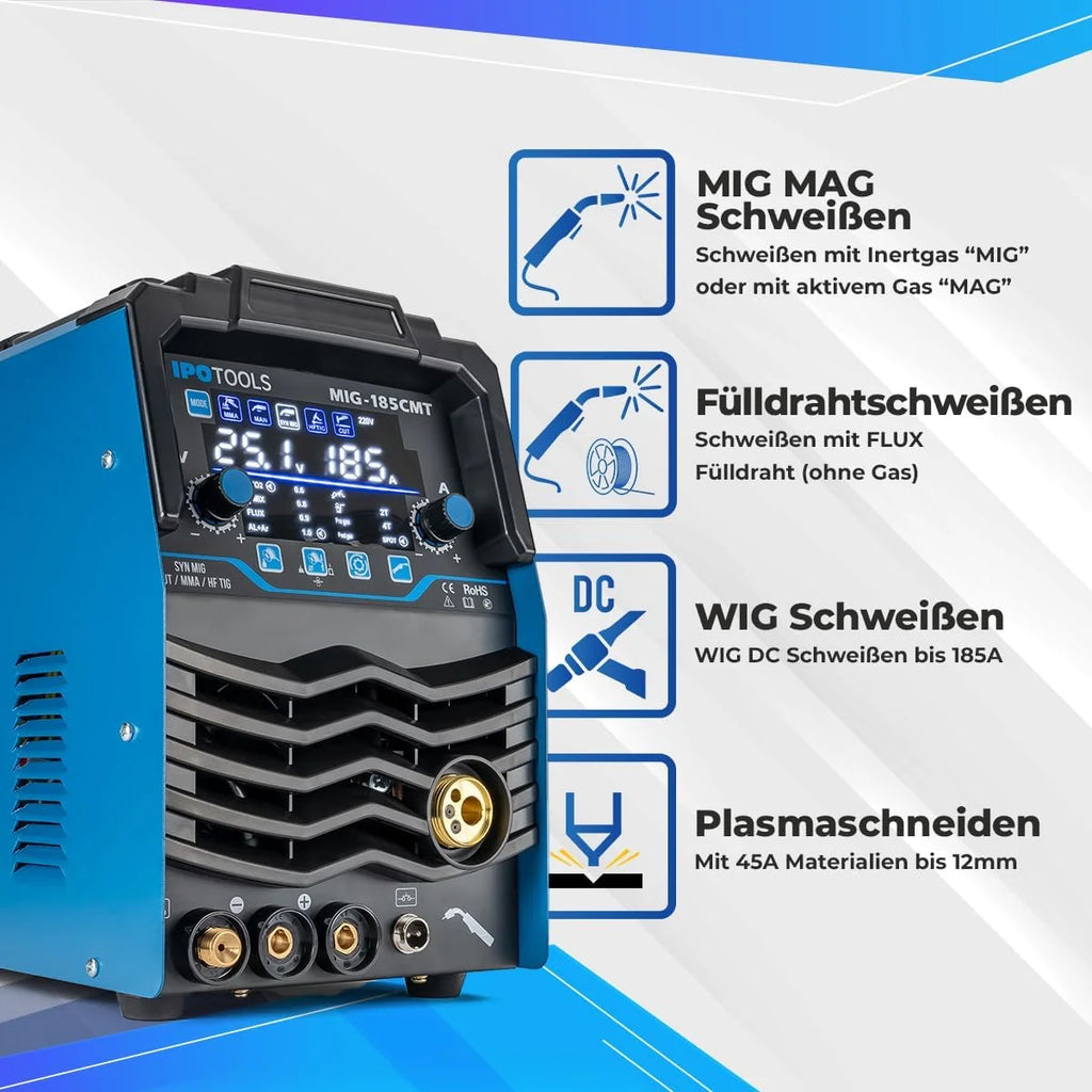 IPOTOOLS Spawarka kombinowana MIG-185CMT 7 w 1 WIG MIG MAG spawarka z przecinarką plazmową 45 A Synergic Inverter spawarka z 185 A z Flux, MMA | 230 V | 7 lat