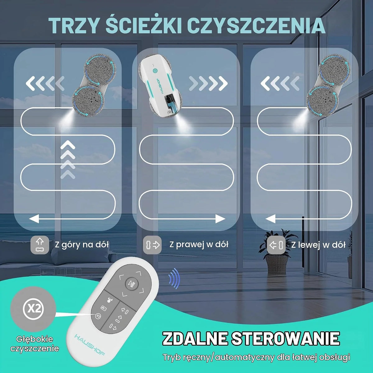 HAUSHOF Robot do mycia okien z funkcją spryskiwania, 3800 PA, elektryczna myjka do okien, inteligentna nawigacja, pilot zdalnego sterowania, z myjką do szyb i chusteczkami, podwójna ochrona, do okien
