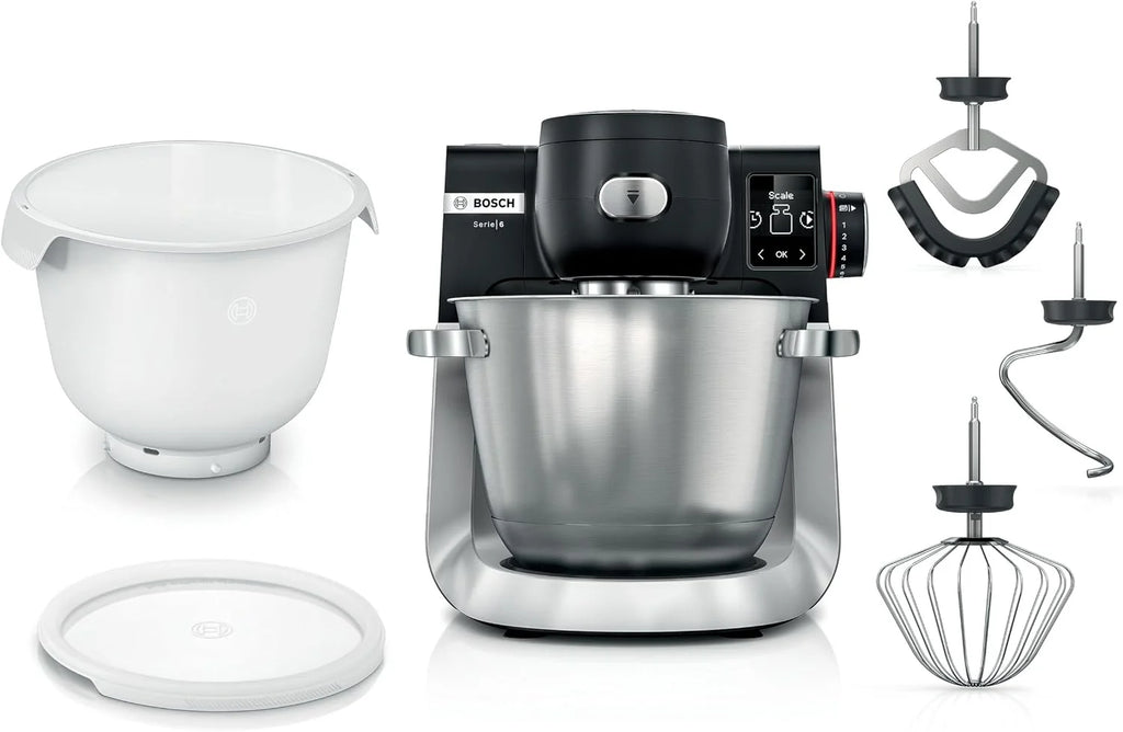 Bosch Robot kuchenny seria 6, 2 miski 5,5 l (stal nierdzewna, tworzywo sztuczne), waga zintegrowana, 7 programów automatycznych, 7 stopni, mieszadło planetarne, hak do zagniatania/miotła silikonowa