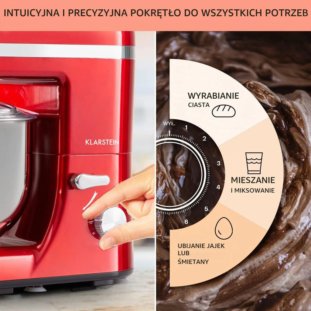 Klarstein Robot kuchenny, Maszyna do wyrabiania ciasta z misą 5L, 2000W profesjonalny robot z hakiem i trzepaczką, Uniwersalny z 6 biegami, Maszyna do mieszania, ugniatania i ubijania
