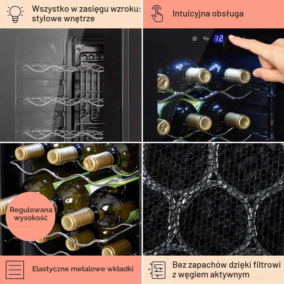 Klarstein Shiraz, chłodziarka do wina - mini lodówka, lodówka do wina, winiarka, kompaktowa chłodziarka na wino, przejrzysty dotykowy panel, led oświetlenie wnętrza, kolor czarny, wariant: 44l, 15 butelek