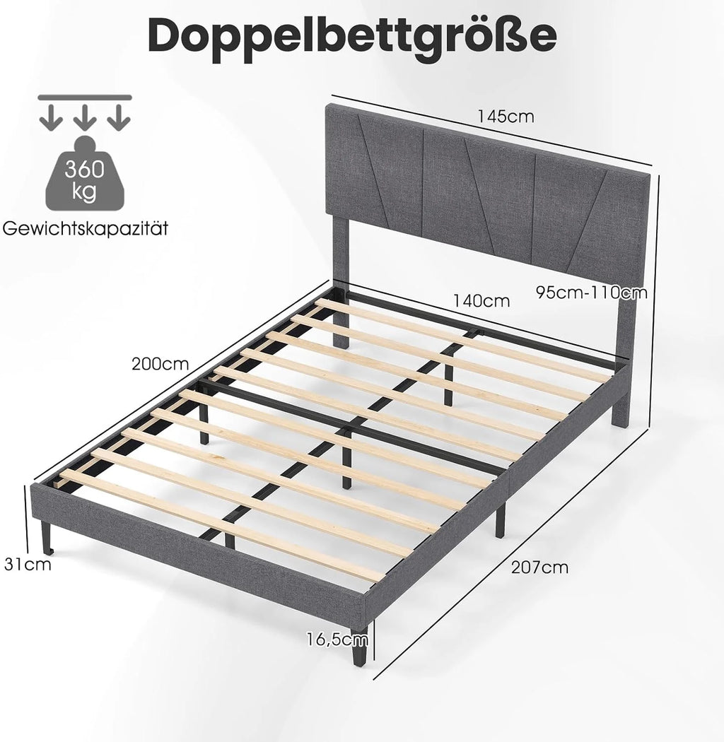 COSTWAY Łóżko tapicerowane ze stelażem z listew, rama łóżka z drewna z zagłówkiem o regulowanej wysokości z tkaniny lnianej, rama łóżka bez materaca, szare (140 x 200 cm)