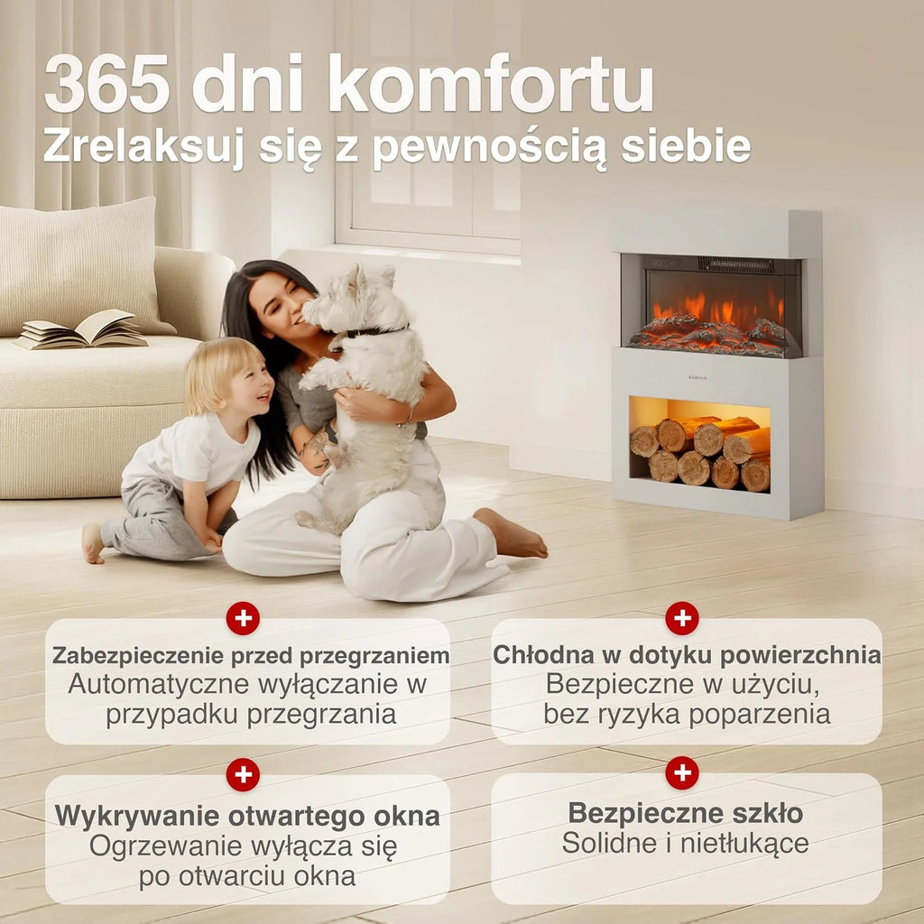 KAMINIO Kominek elektryczny HENRI - Elektryczny piec kominkowy z ogrzewaniem, efektem 3D płomieni, schowkiem na drewno (Biały)