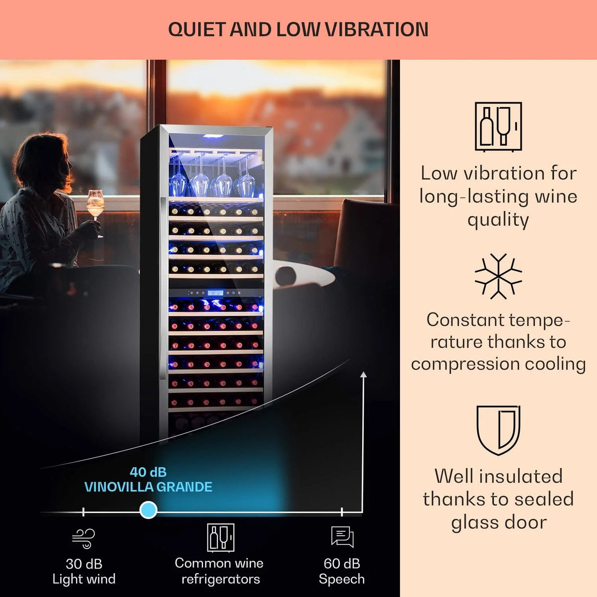Klarstein Vinovilla Chłodziarka do wina do zabudowy, 433 l, dwustrefowa, na wino, prosecco i piwo, szklane drzwi, ochrona UV, panel dotykowy, 47 dB, 165 butelek