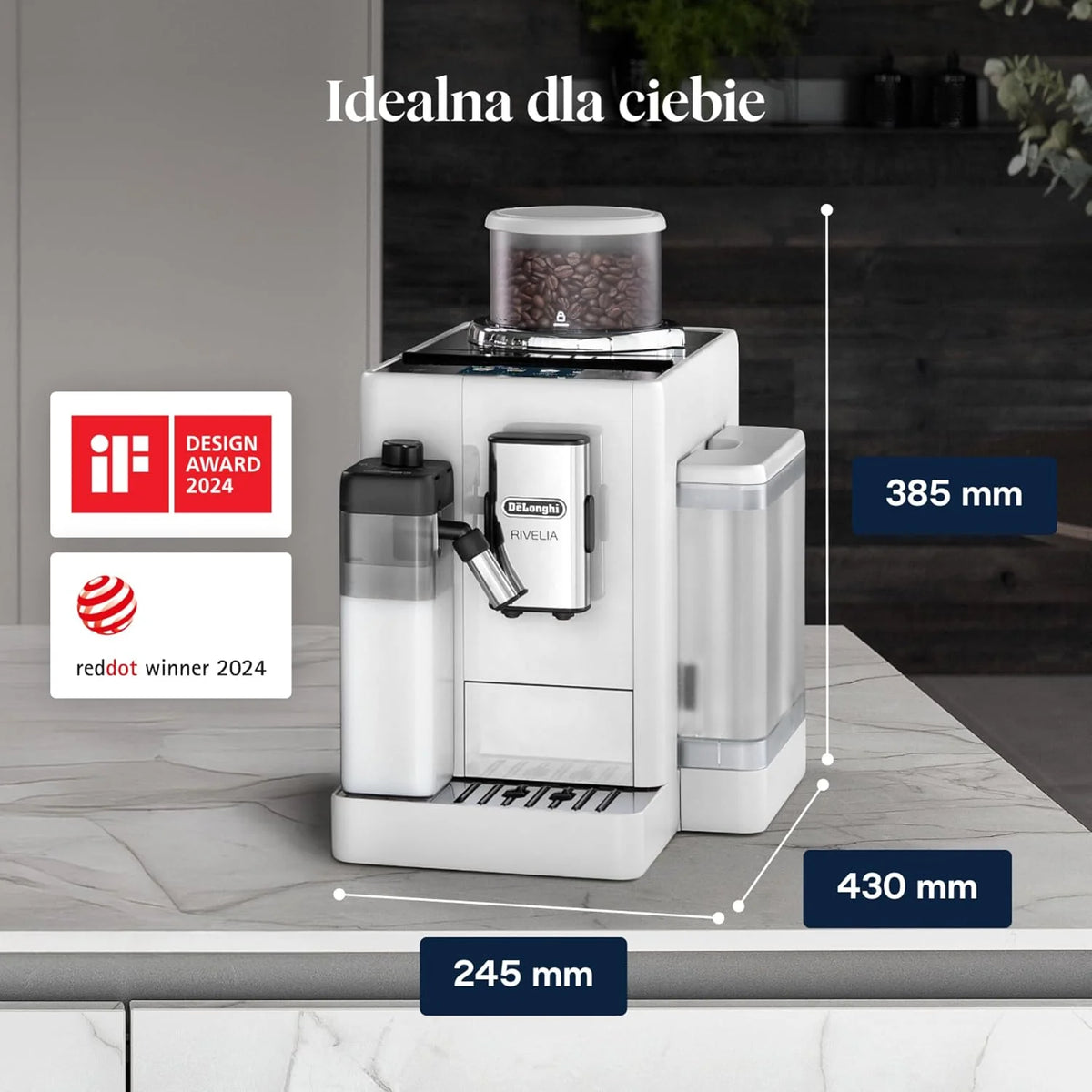 De'Longhi Rivelia EXAM440.55.W, superautomatyczny ekspres do kawy z LatteCrema Hot, automatyczny spieniacz do mleka, kompaktowy rozmiar, 16 przepisów, kolorowy ekran dotykowy, arktyczna biel