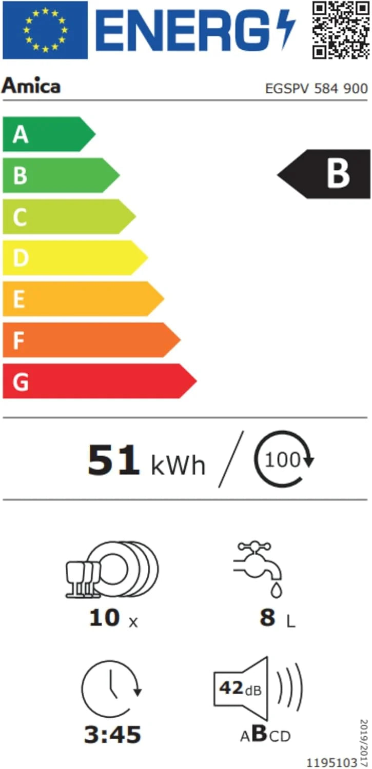 Amica EGSPV 584 900 zmywarka do naczyń do zabudowy / 10 MG / 3 kosze/5 progr/Auto/OpenDry/BlueDot/AQS /42dB/ klasa efektywności energetycznej B