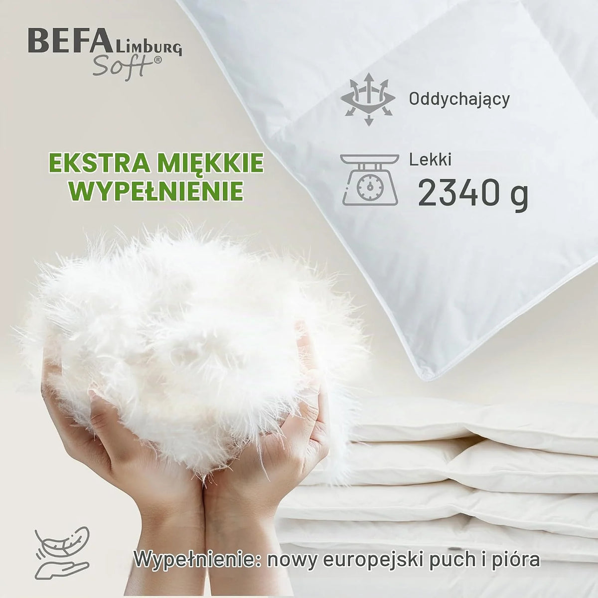 Kołdra puchowa, całoroczna, 240 x 220 cm, 90% pierza i 10% puchu, oddychająca i łatwa w pielęgnacji, dla alergików (NOMITE), dobrostan zwierząt (DOWNPASS), Oeko-Tex